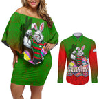 Personalized South Sydney Rabbitohs Couples Matching Off Shoulder Short Dress and Long Sleeve Button Shirt Easter Mascot - Colorful Eggs Cartoon Style