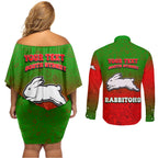 Personalized South Sydney Rabbitohs Couples Matching Off Shoulder Short Dress and Long Sleeve Button Shirt Easter Mascot - Colorful Eggs Cartoon Style
