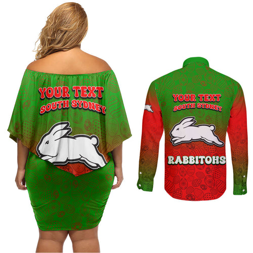 Personalized South Sydney Rabbitohs Couples Matching Off Shoulder Short Dress and Long Sleeve Button Shirt Easter Mascot - Colorful Eggs Cartoon Style