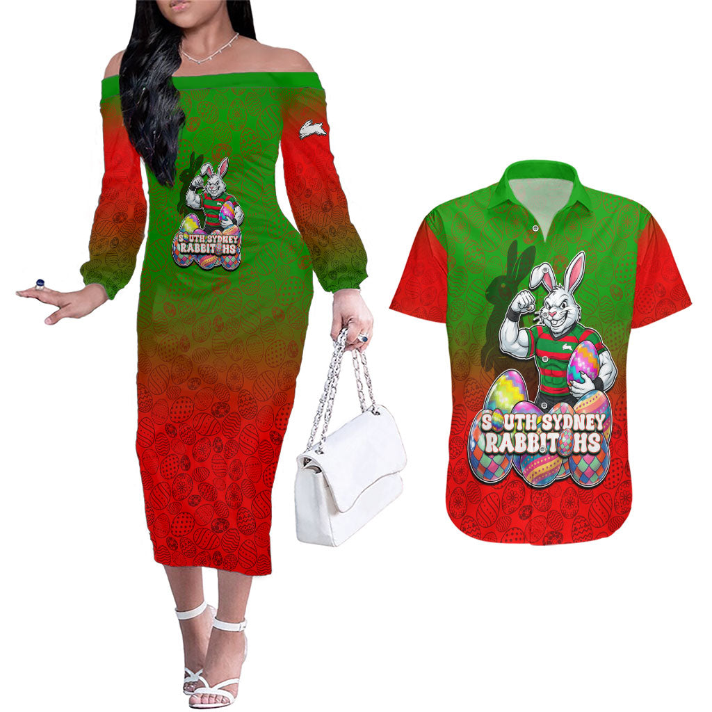 Personalized South Sydney Rabbitohs Couples Matching Off The Shoulder Long Sleeve Dress and Hawaiian Shirt Easter Mascot - Colorful Eggs Cartoon Style