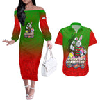Personalized South Sydney Rabbitohs Couples Matching Off The Shoulder Long Sleeve Dress and Hawaiian Shirt Easter Mascot - Colorful Eggs Cartoon Style