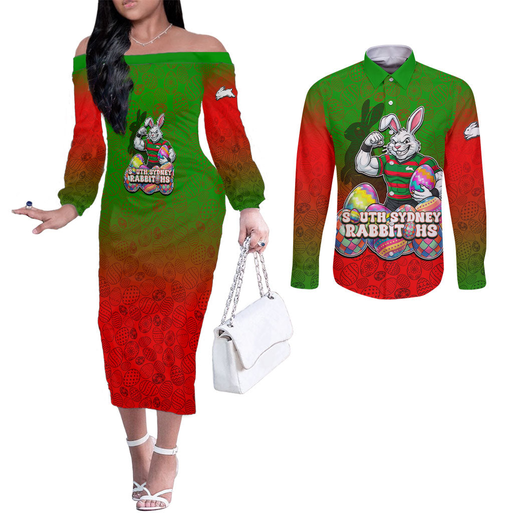 Personalized South Sydney Rabbitohs Couples Matching Off The Shoulder Long Sleeve Dress and Long Sleeve Button Shirt Easter Mascot - Colorful Eggs Cartoon Style