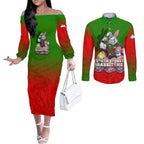 Personalized South Sydney Rabbitohs Couples Matching Off The Shoulder Long Sleeve Dress and Long Sleeve Button Shirt Easter Mascot - Colorful Eggs Cartoon Style