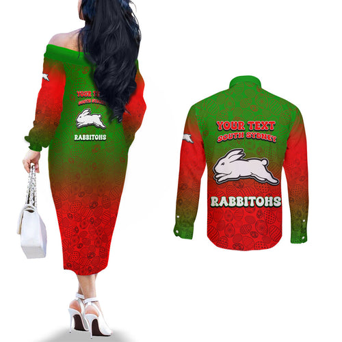 Personalized South Sydney Rabbitohs Couples Matching Off The Shoulder Long Sleeve Dress and Long Sleeve Button Shirt Easter Mascot - Colorful Eggs Cartoon Style