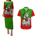 Personalized South Sydney Rabbitohs Couples Matching Puletasi and Hawaiian Shirt Easter Mascot - Colorful Eggs Cartoon Style