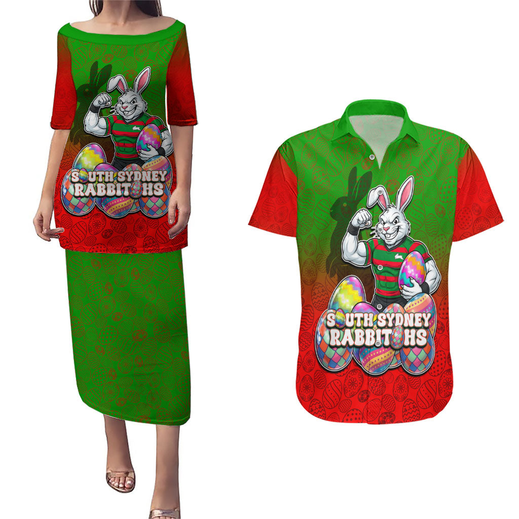 Personalized South Sydney Rabbitohs Couples Matching Puletasi and Hawaiian Shirt Easter Mascot - Colorful Eggs Cartoon Style