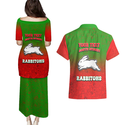 Personalized South Sydney Rabbitohs Couples Matching Puletasi and Hawaiian Shirt Easter Mascot - Colorful Eggs Cartoon Style