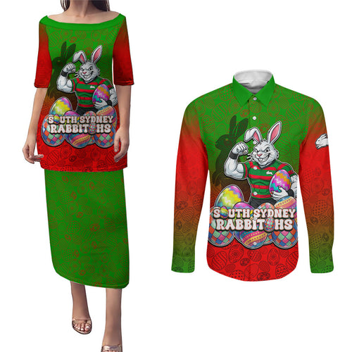 Personalized South Sydney Rabbitohs Couples Matching Puletasi and Long Sleeve Button Shirt Easter Mascot - Colorful Eggs Cartoon Style