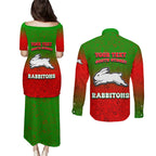 Personalized South Sydney Rabbitohs Couples Matching Puletasi and Long Sleeve Button Shirt Easter Mascot - Colorful Eggs Cartoon Style