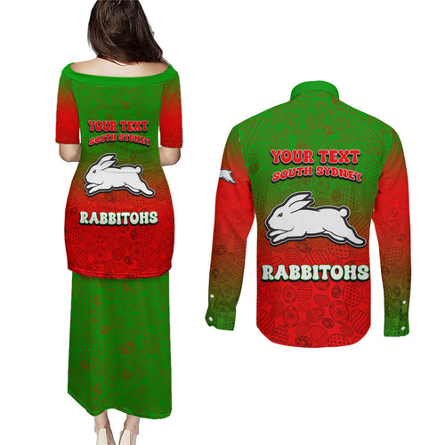 Personalized South Sydney Rabbitohs Couples Matching Puletasi and Long Sleeve Button Shirt Easter Mascot - Colorful Eggs Cartoon Style