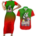 Personalized South Sydney Rabbitohs Couples Matching Short Sleeve Bodycon Dress and Hawaiian Shirt Easter Mascot - Colorful Eggs Cartoon Style