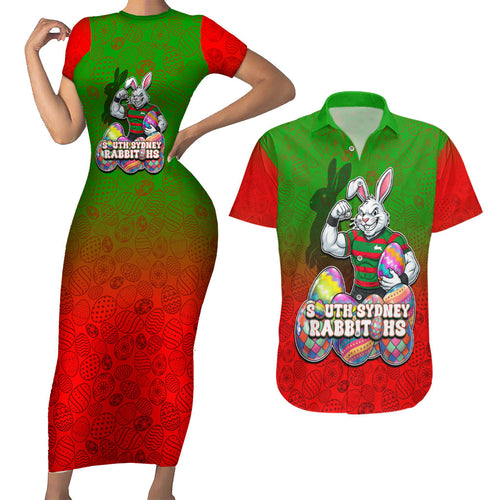 Personalized South Sydney Rabbitohs Couples Matching Short Sleeve Bodycon Dress and Hawaiian Shirt Easter Mascot - Colorful Eggs Cartoon Style