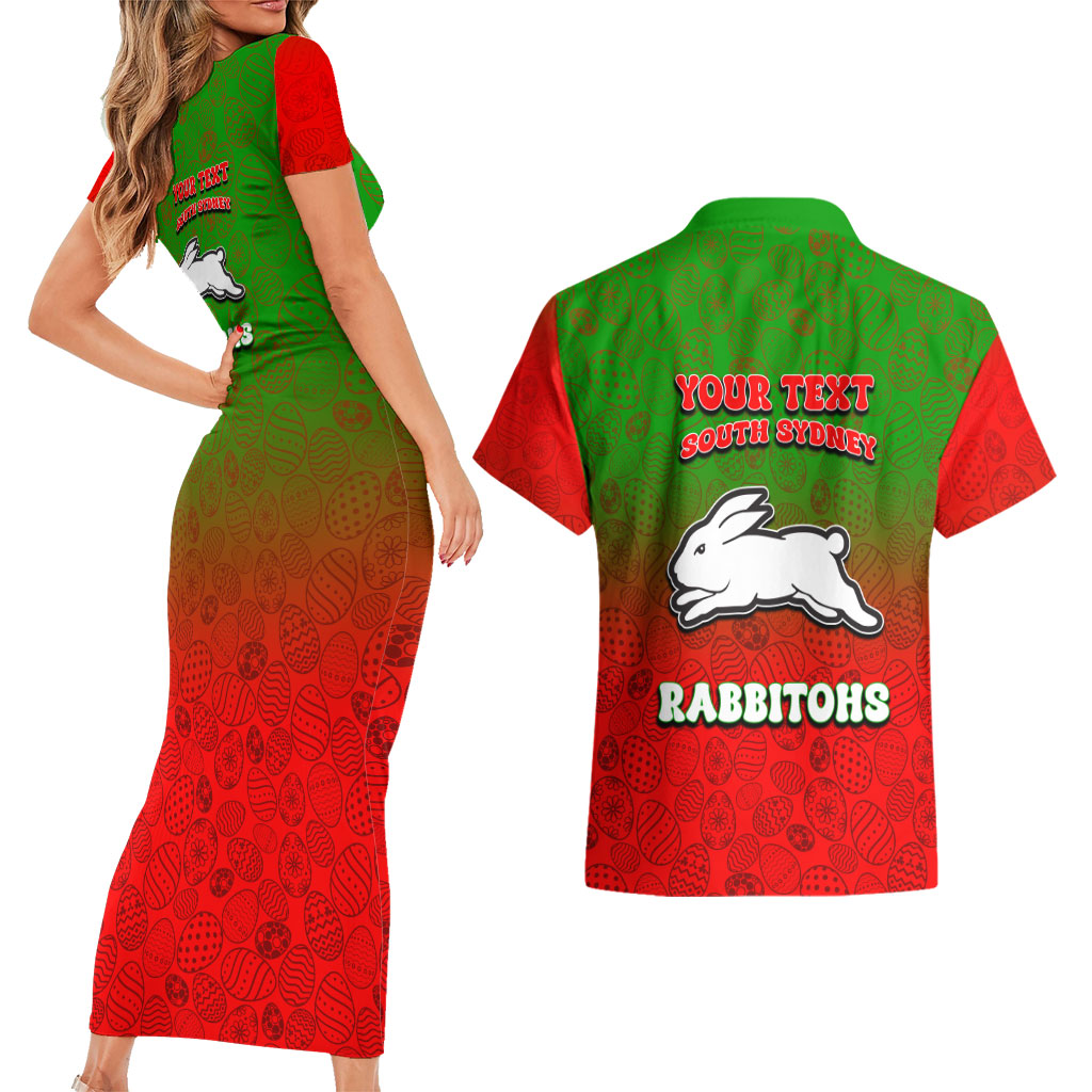 Personalized South Sydney Rabbitohs Couples Matching Short Sleeve Bodycon Dress and Hawaiian Shirt Easter Mascot - Colorful Eggs Cartoon Style