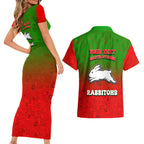 Personalized South Sydney Rabbitohs Couples Matching Short Sleeve Bodycon Dress and Hawaiian Shirt Easter Mascot - Colorful Eggs Cartoon Style