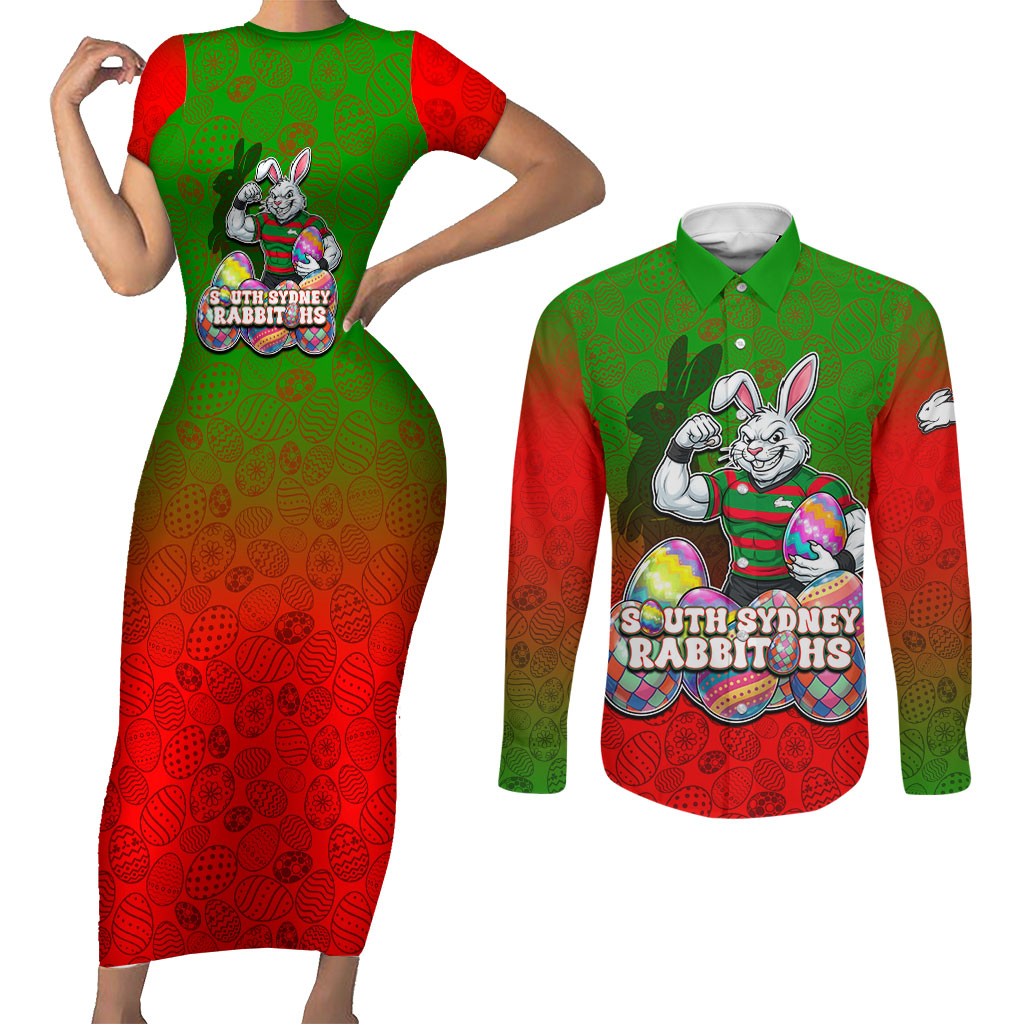 Personalized South Sydney Rabbitohs Couples Matching Short Sleeve Bodycon Dress and Long Sleeve Button Shirt Easter Mascot - Colorful Eggs Cartoon Style