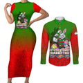 Personalized South Sydney Rabbitohs Couples Matching Short Sleeve Bodycon Dress and Long Sleeve Button Shirt Easter Mascot - Colorful Eggs Cartoon Style