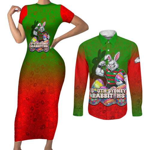 Personalized South Sydney Rabbitohs Couples Matching Short Sleeve Bodycon Dress and Long Sleeve Button Shirt Easter Mascot - Colorful Eggs Cartoon Style