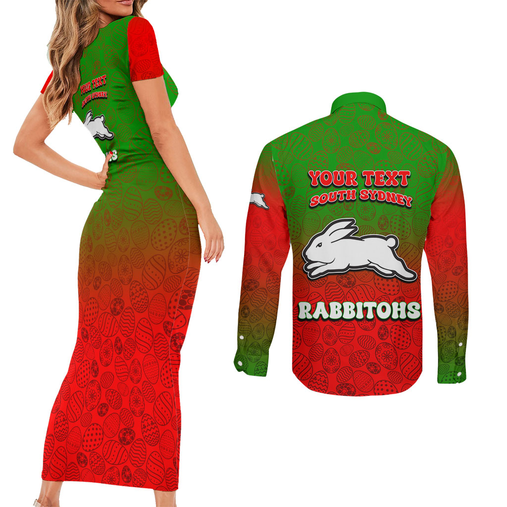 Personalized South Sydney Rabbitohs Couples Matching Short Sleeve Bodycon Dress and Long Sleeve Button Shirt Easter Mascot - Colorful Eggs Cartoon Style