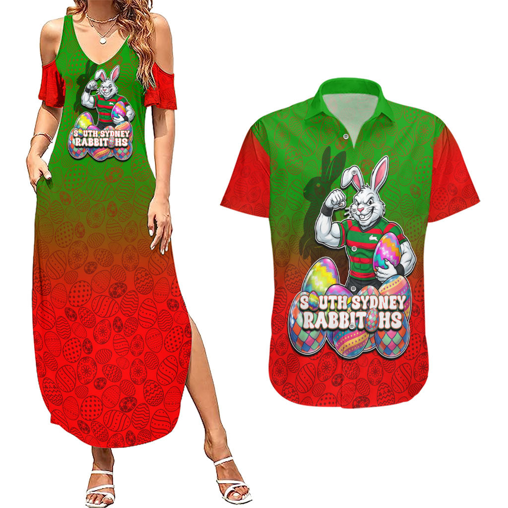 Personalized South Sydney Rabbitohs Couples Matching Summer Maxi Dress and Hawaiian Shirt Easter Mascot - Colorful Eggs Cartoon Style