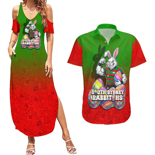 Personalized South Sydney Rabbitohs Couples Matching Summer Maxi Dress and Hawaiian Shirt Easter Mascot - Colorful Eggs Cartoon Style