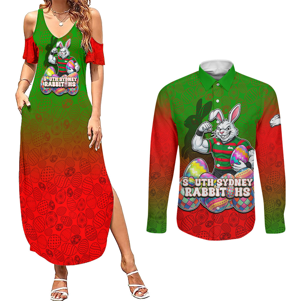 Personalized South Sydney Rabbitohs Couples Matching Summer Maxi Dress and Long Sleeve Button Shirt Easter Mascot - Colorful Eggs Cartoon Style