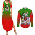 Personalized South Sydney Rabbitohs Couples Matching Summer Maxi Dress and Long Sleeve Button Shirt Easter Mascot - Colorful Eggs Cartoon Style