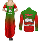 Personalized South Sydney Rabbitohs Couples Matching Summer Maxi Dress and Long Sleeve Button Shirt Easter Mascot - Colorful Eggs Cartoon Style