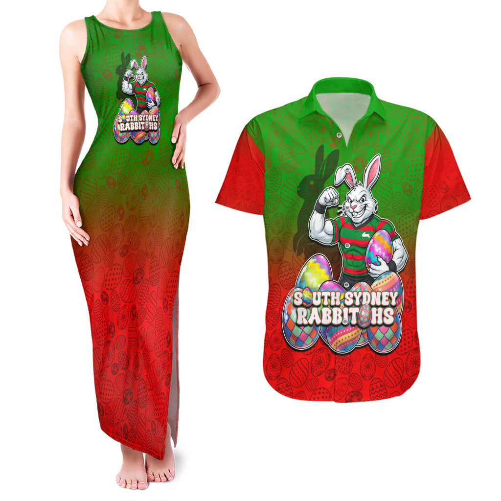 Personalized South Sydney Rabbitohs Couples Matching Tank Maxi Dress and Hawaiian Shirt Easter Mascot - Colorful Eggs Cartoon Style
