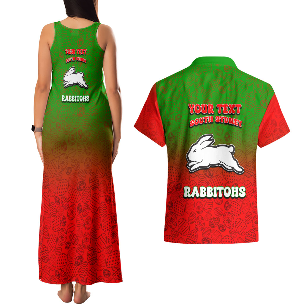 Personalized South Sydney Rabbitohs Couples Matching Tank Maxi Dress and Hawaiian Shirt Easter Mascot - Colorful Eggs Cartoon Style