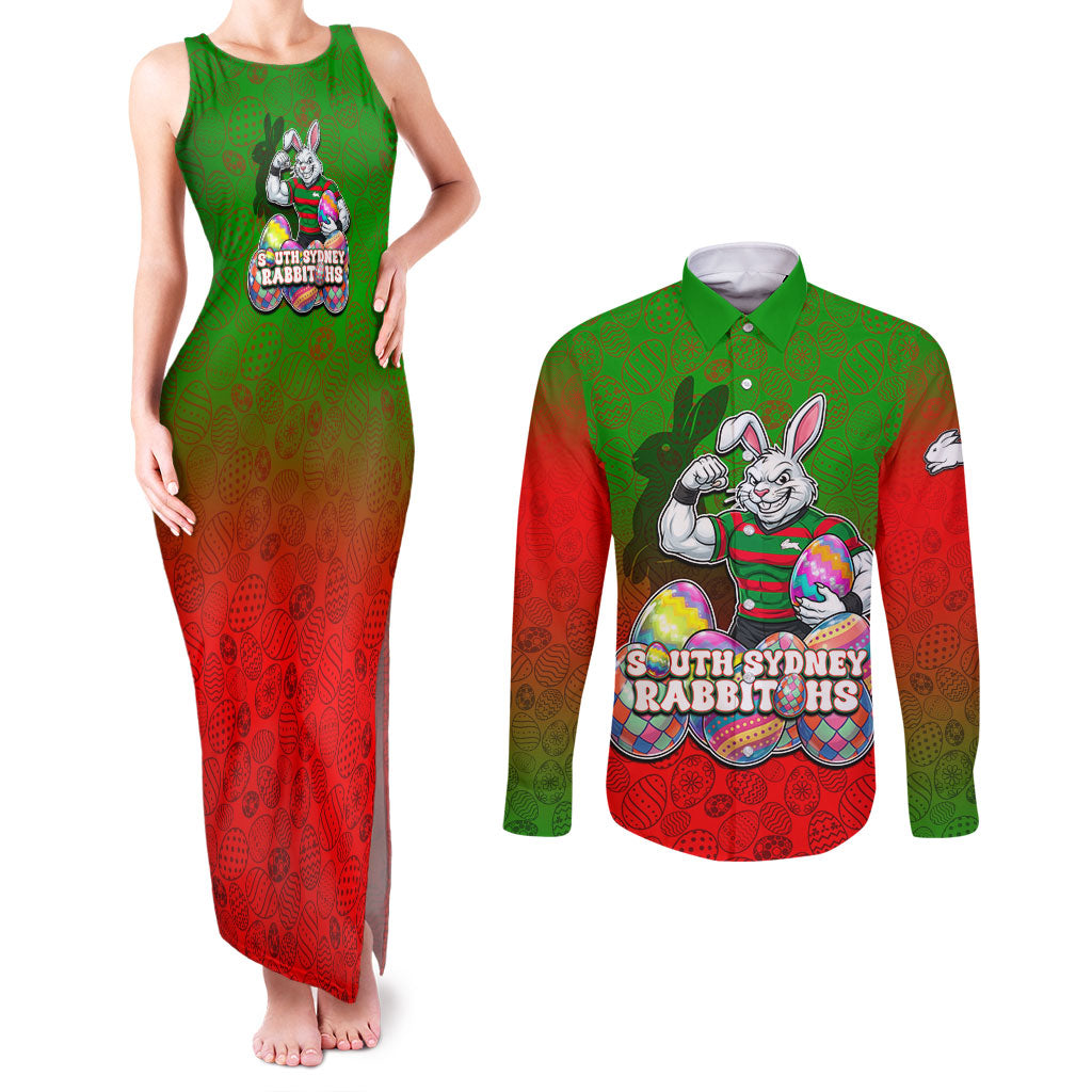 Personalized South Sydney Rabbitohs Couples Matching Tank Maxi Dress and Long Sleeve Button Shirt Easter Mascot - Colorful Eggs Cartoon Style