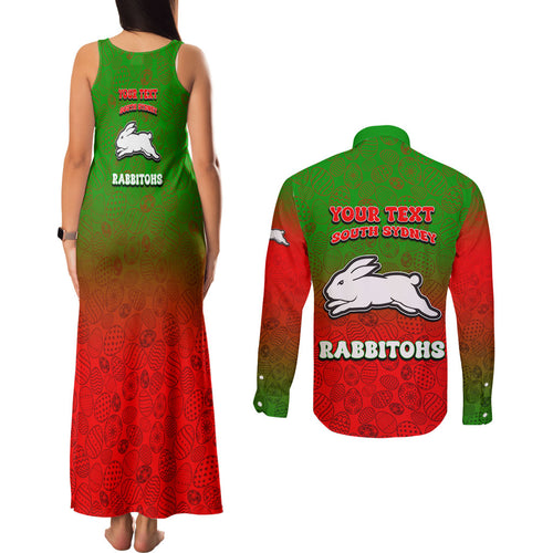 Personalized South Sydney Rabbitohs Couples Matching Tank Maxi Dress and Long Sleeve Button Shirt Easter Mascot - Colorful Eggs Cartoon Style