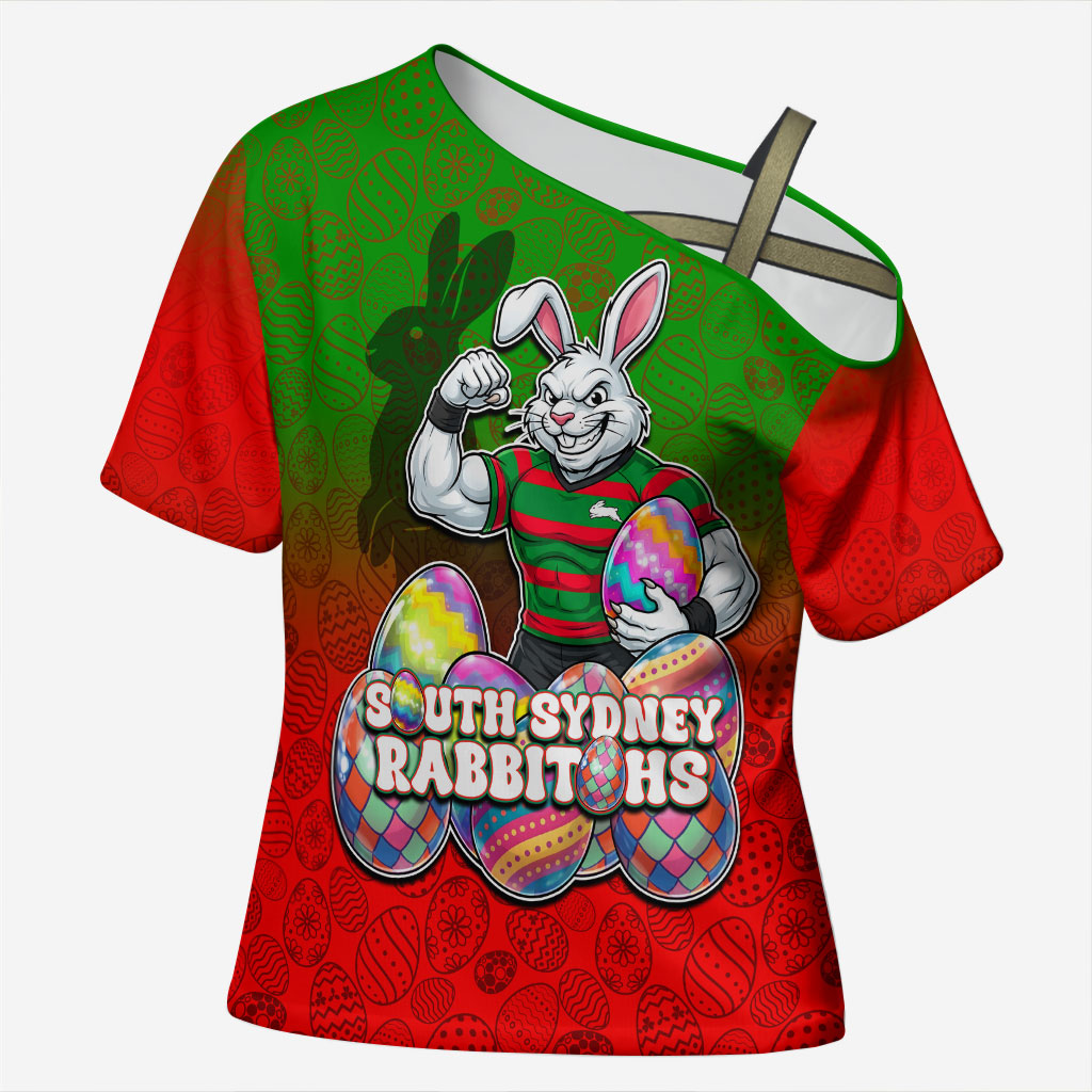 Personalized South Sydney Rabbitohs Cross Shoulder Shirt Easter Mascot - Colorful Eggs Cartoon Style