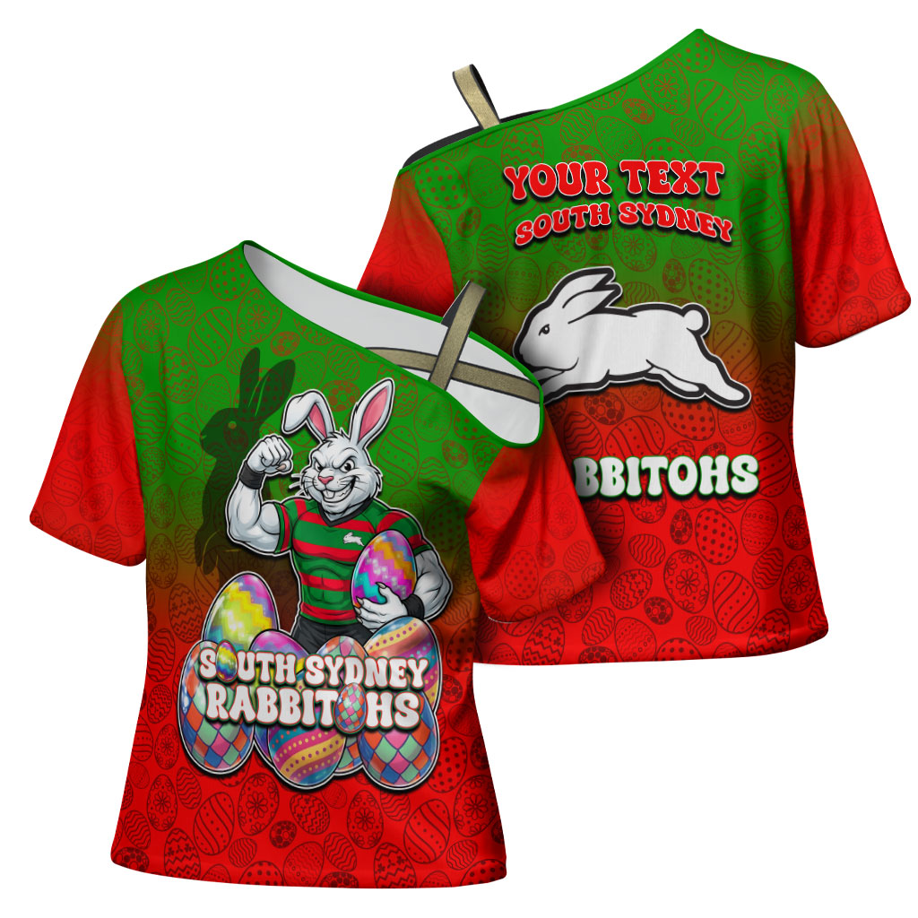 Personalized South Sydney Rabbitohs Cross Shoulder Shirt Easter Mascot - Colorful Eggs Cartoon Style