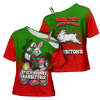 Personalized South Sydney Rabbitohs Cross Shoulder Shirt Easter Mascot - Colorful Eggs Cartoon Style