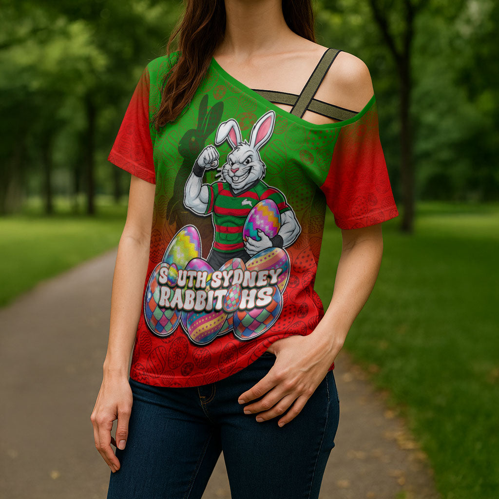 Personalized South Sydney Rabbitohs Cross Shoulder Shirt Easter Mascot - Colorful Eggs Cartoon Style