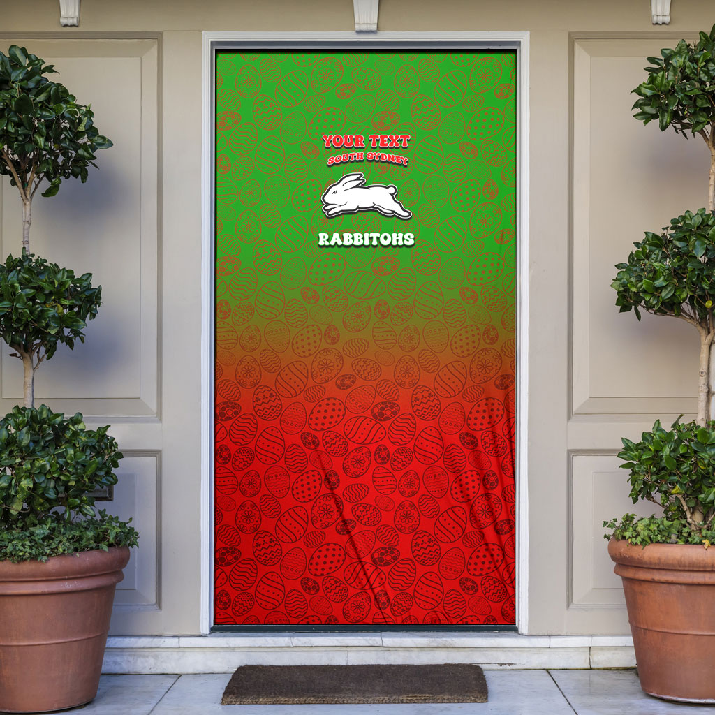 Personalized South Sydney Rabbitohs Door Cover Easter Mascot - Colorful Eggs Cartoon Style