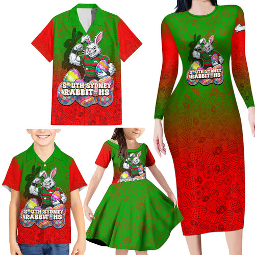 Personalized South Sydney Rabbitohs Family Matching Long Sleeve Bodycon Dress and Hawaiian Shirt Easter Mascot - Colorful Eggs Cartoon Style