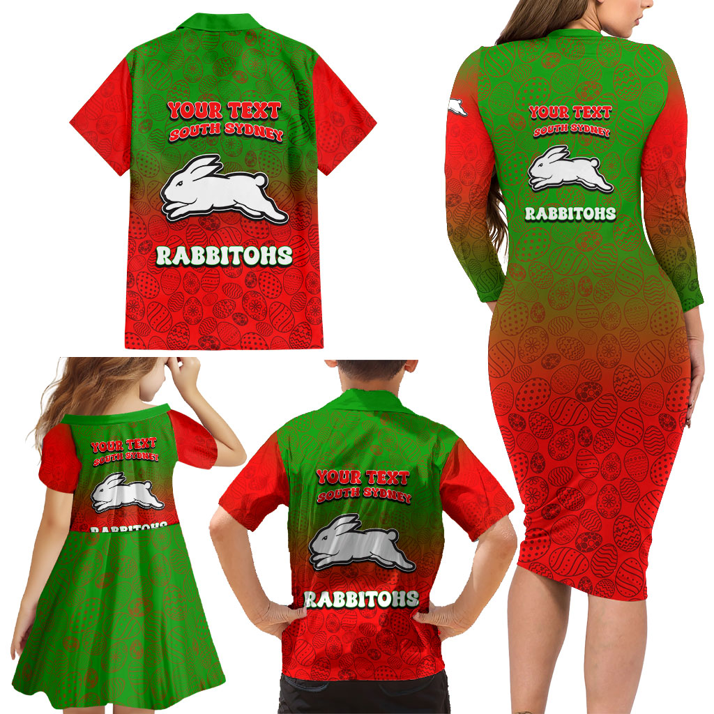 Personalized South Sydney Rabbitohs Family Matching Long Sleeve Bodycon Dress and Hawaiian Shirt Easter Mascot - Colorful Eggs Cartoon Style