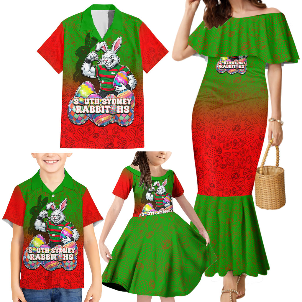 Personalized South Sydney Rabbitohs Family Matching Mermaid Dress and Hawaiian Shirt Easter Mascot - Colorful Eggs Cartoon Style