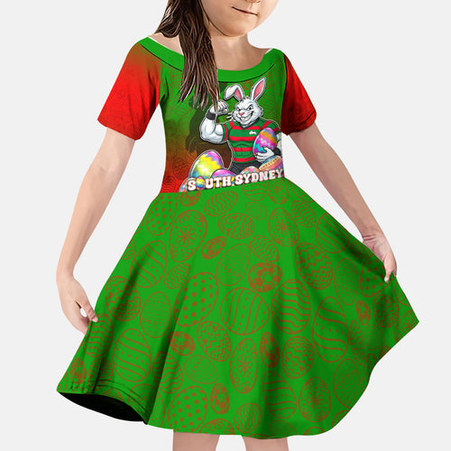 Personalized South Sydney Rabbitohs Family Matching Mermaid Dress and Hawaiian Shirt Easter Mascot - Colorful Eggs Cartoon Style