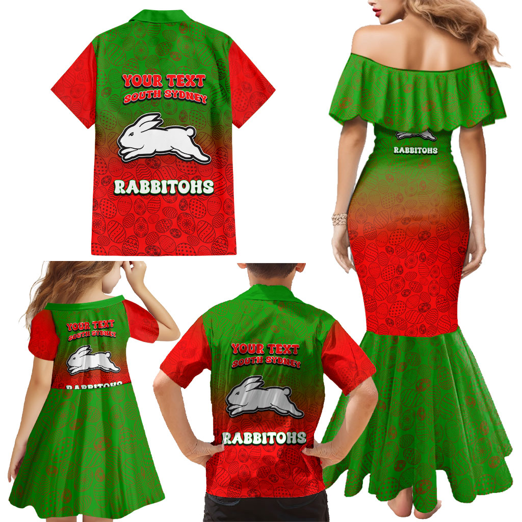 Personalized South Sydney Rabbitohs Family Matching Mermaid Dress and Hawaiian Shirt Easter Mascot - Colorful Eggs Cartoon Style
