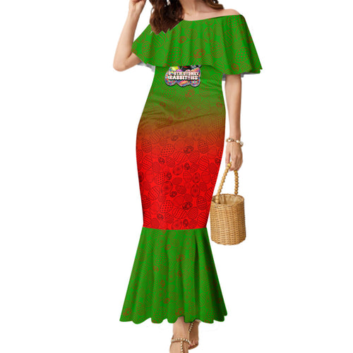 Personalized South Sydney Rabbitohs Family Matching Mermaid Dress and Hawaiian Shirt Easter Mascot - Colorful Eggs Cartoon Style