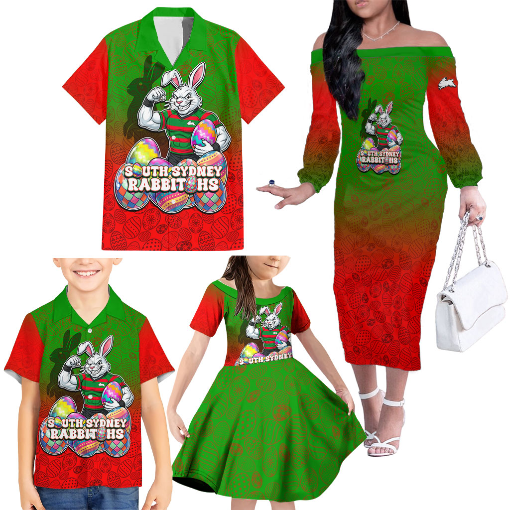 Personalized South Sydney Rabbitohs Family Matching Off The Shoulder Long Sleeve Dress and Hawaiian Shirt Easter Mascot - Colorful Eggs Cartoon Style