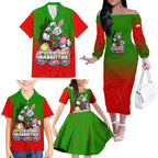 Personalized South Sydney Rabbitohs Family Matching Off The Shoulder Long Sleeve Dress and Hawaiian Shirt Easter Mascot - Colorful Eggs Cartoon Style