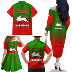 Personalized South Sydney Rabbitohs Family Matching Off The Shoulder Long Sleeve Dress and Hawaiian Shirt Easter Mascot - Colorful Eggs Cartoon Style
