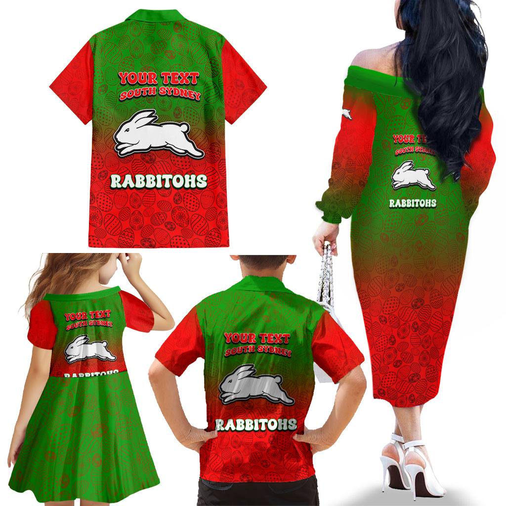 Personalized South Sydney Rabbitohs Family Matching Off The Shoulder Long Sleeve Dress and Hawaiian Shirt Easter Mascot - Colorful Eggs Cartoon Style
