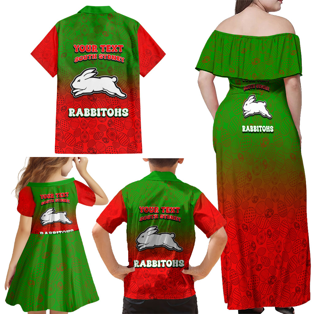 Personalized South Sydney Rabbitohs Family Matching Off Shoulder Maxi Dress and Hawaiian Shirt Easter Mascot - Colorful Eggs Cartoon Style
