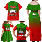 Personalized South Sydney Rabbitohs Family Matching Off Shoulder Maxi Dress and Hawaiian Shirt Easter Mascot - Colorful Eggs Cartoon Style