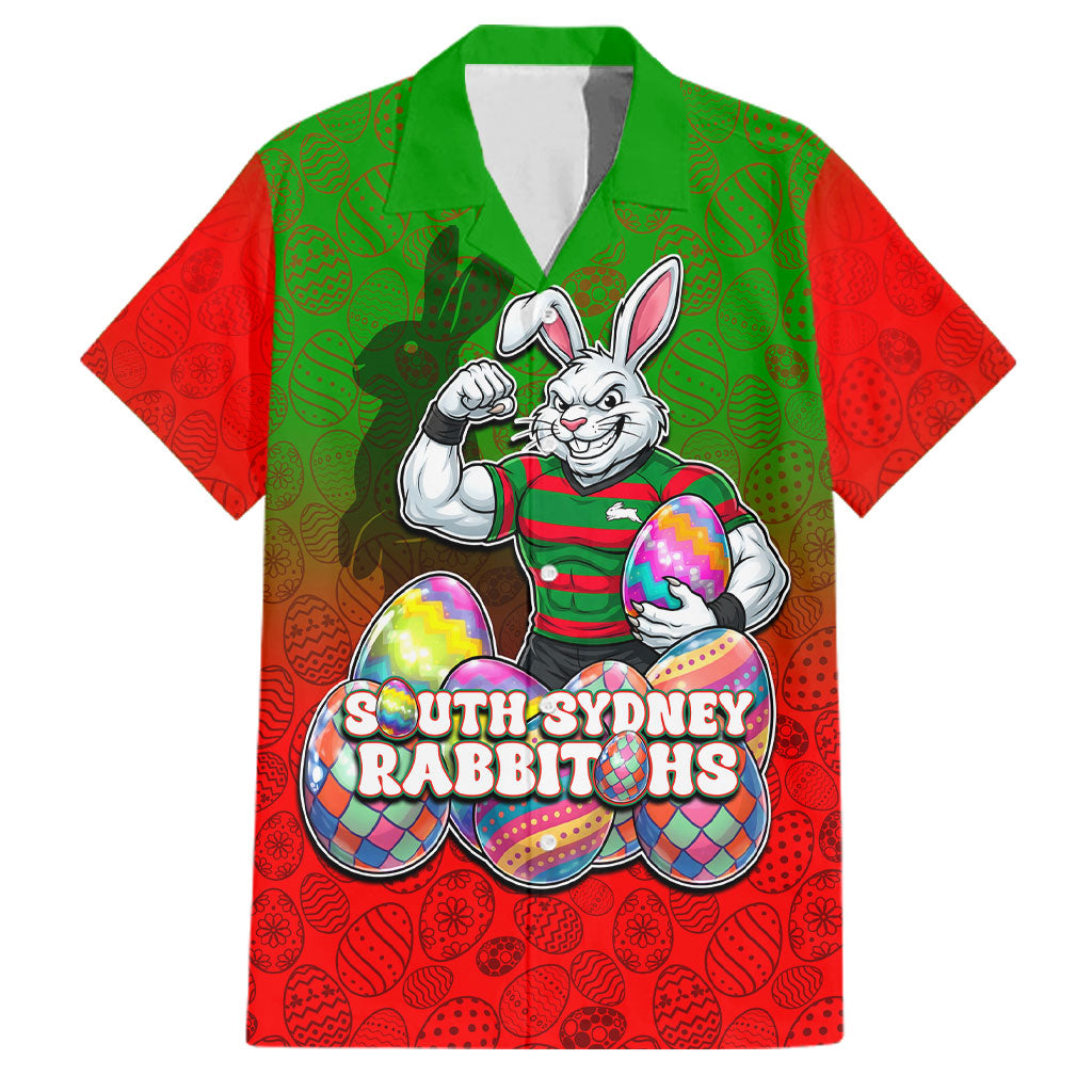 Personalized South Sydney Rabbitohs Family Matching Off Shoulder Maxi Dress and Hawaiian Shirt Easter Mascot - Colorful Eggs Cartoon Style