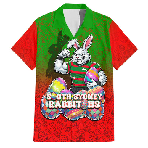 Personalized South Sydney Rabbitohs Family Matching Off Shoulder Maxi Dress and Hawaiian Shirt Easter Mascot - Colorful Eggs Cartoon Style
